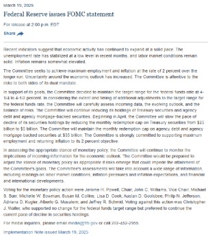 美联储发布联邦公开市场委员会声明 维持利率不变 4月起放慢缩表