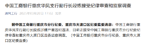 4480午夜理论免费无码 工商银行重庆华凤支行副行长段炼接受纪律审查和监察调查  第1张