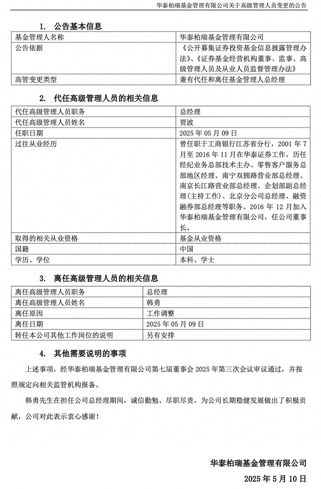 4480yy在线A片无码 华泰柏瑞基金总经理韩勇因工作调整卸任，董事长贾波代为履职  第1张