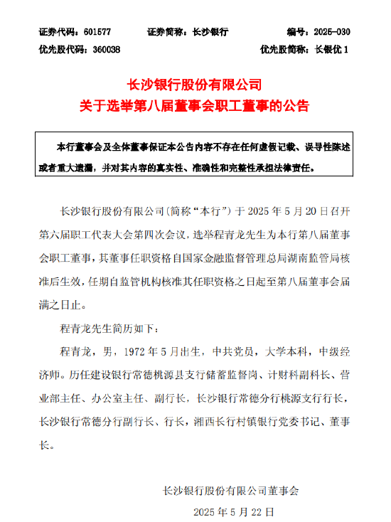 4480yy在线A片无码 长沙银行：选举程青龙为第八届董事会职工董事  第1张