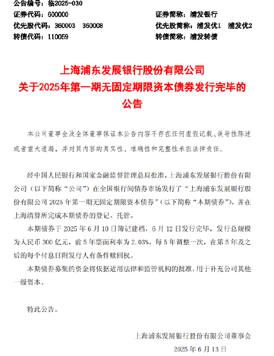 4500网约外围模特女神 浦发银行：300亿元无固定期限资本债券发行完毕  第1张