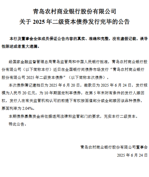 4500网约外围模特女神 青农商行：2025年二级资本债券发行完毕  第1张